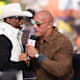 Colorado Buffaloes head coach Deion Sanders and celebrity guest picker Dwayne Johnson on the set of ESPN College GameDay prior to the game between the Colorado Buffaloes and the Colorado State Rams at Folsom Field